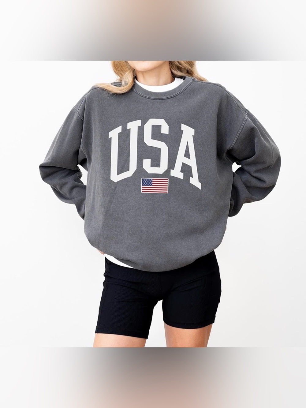 Cotton Essentials USA Crewneck Sweatshirt XS Blue Grey Oversized American Flag